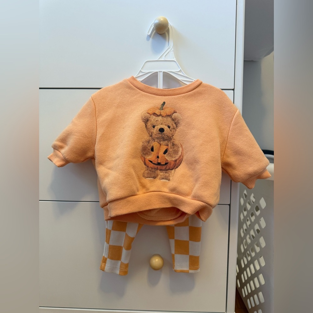 Baby 2 piece teddy bear pumpkin pullover & checkered pants set